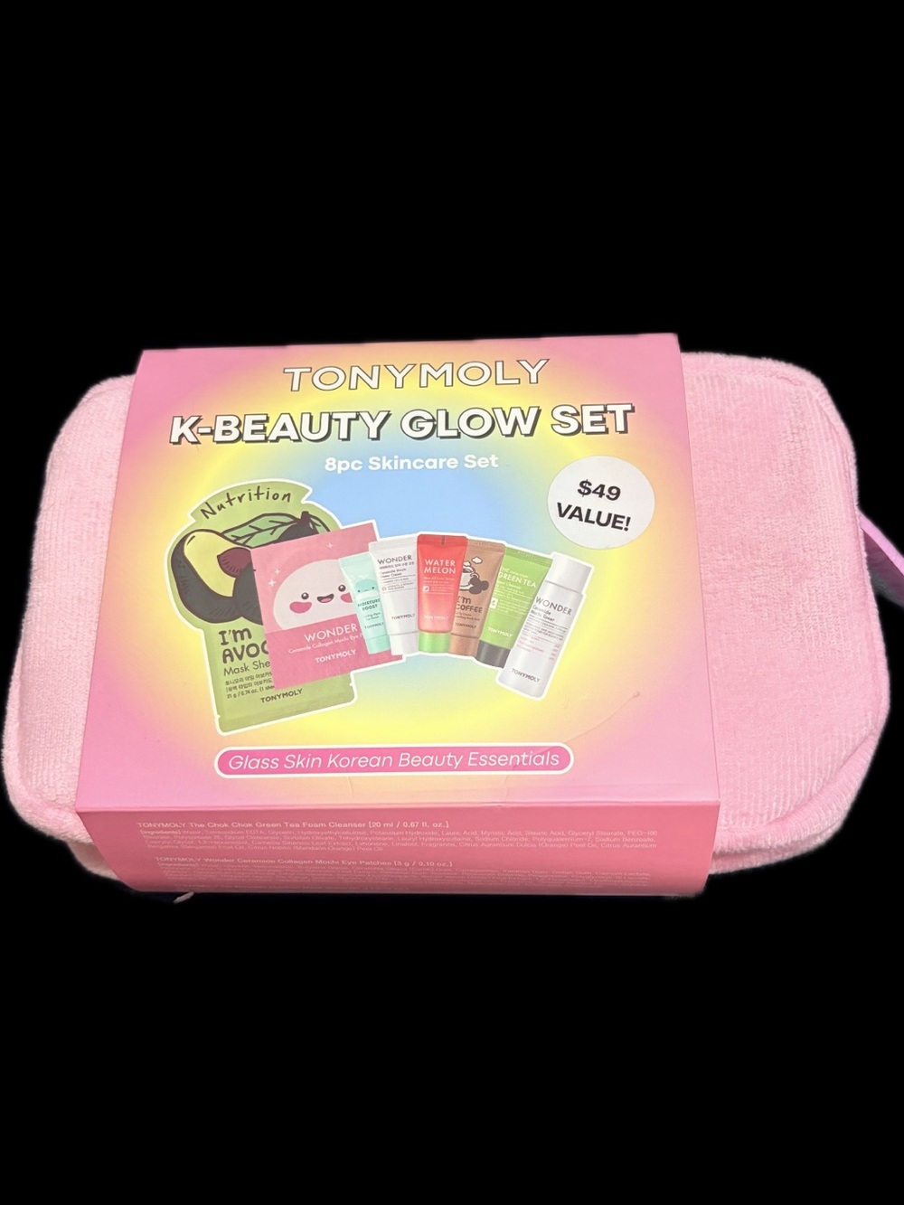 Tony Moly K-Beauty Glow Set - 8pc Skincare and Pink Cosmetic Bag New